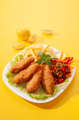 Fried Breaded fillets with fries and salad with dip