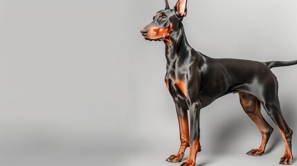 Elegant Doberman Dog Standing on Plain Background, Left Side Reserved for Text