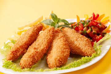 Fried Breaded fillets with fries and salad with dip