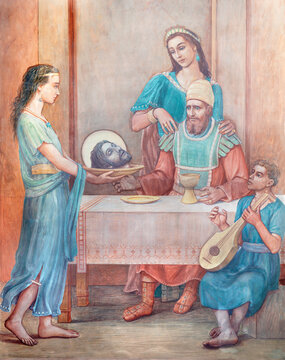 MILAN, ITALY - MARCH 7, 2024: The fresco Salome presents scale with the head of John the Baptist to Herodes and Herodias in church Chiesa di San Vito in Gianbellino by Antonio Martinotti (1957).