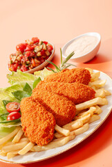 Spicy Tandoori Breaded Chicken Fried fillets with fires and salads