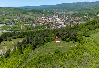 Aerial view of the Catholic chapel 14 crosses in Sovata - Romania. The isolated church on the top of the mountain