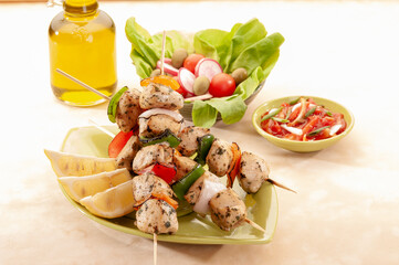 Chicken Shish Kabab with olive oil and radish salad with pickle 