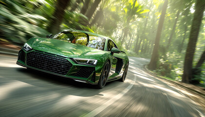 Sleek green sports car speeding through lush green forest environment by curved asphalt road. Dynamic motion blur adds to excitement of scene. Auto design and automotive production industry concept