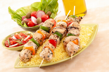 Chicken Shish Kabab with olive oil and radish salad with pickle 