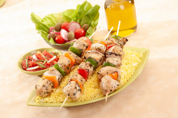 Chicken Shish Kabab with olive oil and radish salad with pickle 