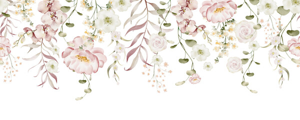 Delicate watercolor roses. Floral seamless border of plants and flowers. Wedding decoration for invitation design. Garland of foliage on a white background in pastel colors. © Elena