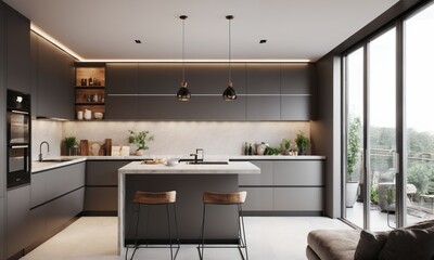 Interior of modern kitchen with black and white walls, wooden floor, grey countertops and wooden cupboards. 3d rendering