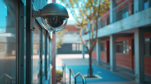 A CCTV camera mounted on a school campus, providing added security and monitoring for the safety of students and staff.