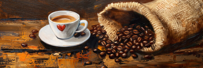 Artistic close-up of a coffee cup with coffee beans spilling from a sack on a textured background