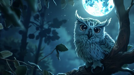Enigmatic Owl in Moonlit Forest - Detailed 2D Illustration with Copy Space for Text. Mysterious Atmosphere with Glowing Moonlight. Rich Midnight Blues.