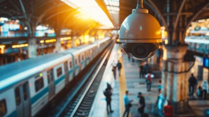 A CCTV camera overlooking a bustling train station, enhancing security and surveillance in public transportation hubs. - obrazy, fototapety, plakaty