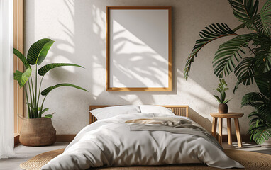 Blank wooden frame mockup on the wall in a modern bedroom with white tones. For commercial uses such as promoting your own painting . Generative AI.