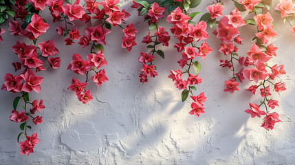 A vibrant display of bougainvillea vines cascading down a whitewashed wall