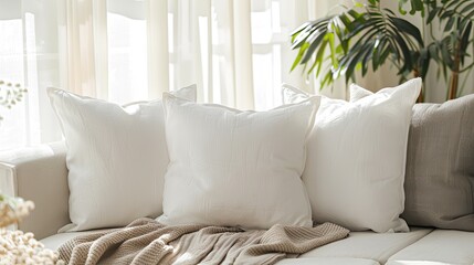 white square throw pillows adorning a couch in a modern living room, illuminated by soft lighting that accentuates their texture and shape, inviting relaxation and comfort.