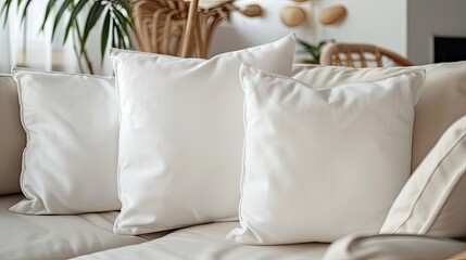 white square throw pillows adorning a couch in a modern living room, illuminated by soft lighting that accentuates their texture and shape, inviting relaxation and comfort.