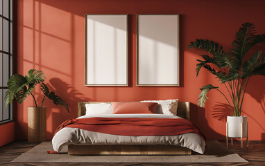 Blank wooden frame mockup on the wall in a modern bedroom with red and white tones. For commercial uses such as promoting your own painting . Generative AI.