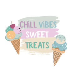 Vector illustration with ice cream and letetring, children's style. Can be used for printing on fabric, packaging, paper, cards, etc. Summer 2024 pattern.