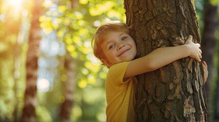 happy smiling boy holding a tree in a summer park - Powered by Adobe