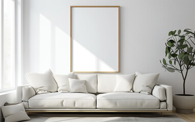 Blank wooden frame mockup on the wall in a modern living room with white tones. For commercial uses such as promoting your own painting . Generative AI.