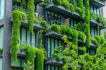 Green Facade: Tower Block with Plants and Numerous Balconies Creating a Lush Exterior