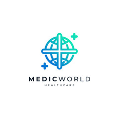 shiny globe and cross for world health and medicine logo