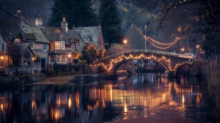Obraz premium A charming waterfront town with a quaint bridge adorned with fairy lights, reflecting its shimmering glow on the calm waters below, creating a romantic ambiance.