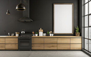 Blank wooden frame mockup on the wall in a modern kitchen with black and white tones. For commercial uses such as promoting your own painting . Generative AI.