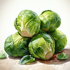 Obraz premium Watercolor Brussels Sprouts Illustration, Generative Ai