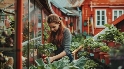 Woman Tending Plants in Greenhouse