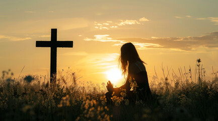 Devout faithful christian prays in front of the cross at a dramatic sunset with beautiful skies