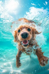 A Golden Retriever swimming underwater, looking happy and excited. AI. - obrazy, fototapety, plakaty