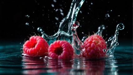 Three red raspberries sit on a surface as water splashes around them. AI.