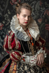 A young woman radiates splendor and opulence in Baroque-inspired attire