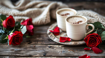 Two cups of hot coffee latte and roses on a wooded - obrazy, fototapety, plakaty