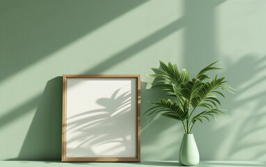 Empty horizontal frame mockup in modern minimalist interior with plant in trendy vase on green tones, and a wall in the background. Template for artwork, painting, photo or poster. Generative AI.