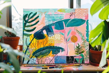 Vibrant Abstract Oil Pastels in Modern Interior: Stylized Painting with Plant Elements