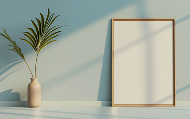 Empty horizontal frame mockup in modern minimalist interior with plant in trendy vase on green tones, and a wall in the background. Template for artwork, painting, photo or poster. Generative AI.