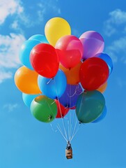 Obraz premium A bunch of colorful balloons is flying high in the sky. AI.
