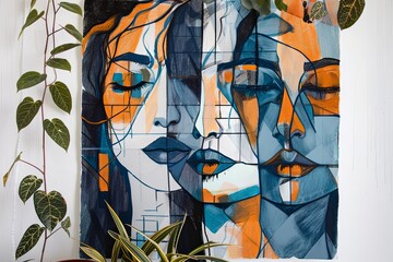 Oil Pastels and Female Faces: Modern Abstract Painting with Geometric Patterns and Pouring Ink Effect in Blue and Orange Interior, Plants on Poster