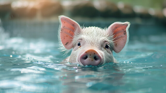 pet pig cute little animal swimming, Realistic collage generated by ai image of pet pig cute little animal swimming in spa resort pool relax, Generative Ai 