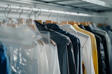 High quality image of clean clothes on hangers after dry-cleaning indoors with a white background