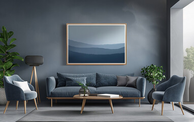 Blank wooden frame mockup on the wall in a modern living room with grey and blue tones. For commercial uses such as promoting your own painting . Generative AI.