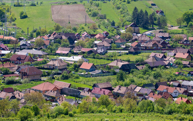 Landscape with houses in a village in the countryside area seen from above