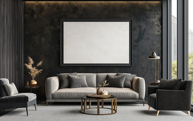 Blank wooden frame mockup on the wall in a modern living room with black and white tones. For commercial uses such as promoting your own painting . Generative AI.