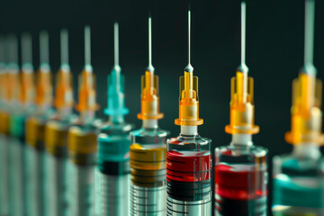 Row of Colorful Syringes Prepared for Medical Use