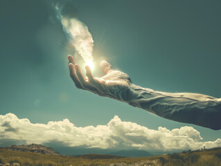 Giant Hand Reaching Down To Touch Celestial Light