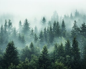 Panoramic view of coniferous forest in mist on a sunny day, trees stretching to the sky