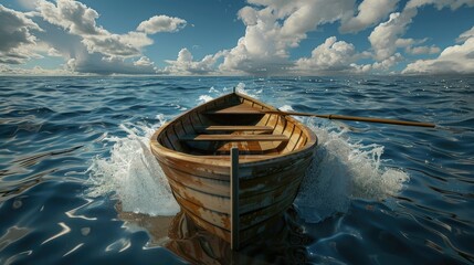 a wooden rowboat amidst the vast ocean with dramatic waves and clouds in the background, the boat centered as water splashes around its bow, evoking a sense of adventure and resilience.