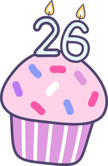 birthday cupcake with candle number 26 for happy birthday greetings card or invitation